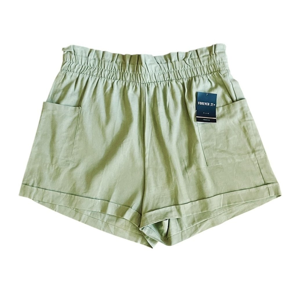 NWT Forever 21 Plus linen blend paper bag shorts 3” inseam SZ 0X olive green